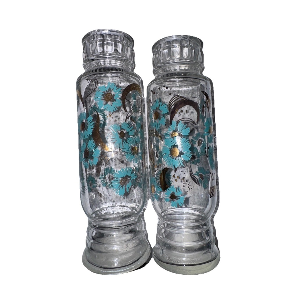 Vintage Glass Apothecary Jar Set 9in Blue Turquoise Floral Gold Swirls 2pc